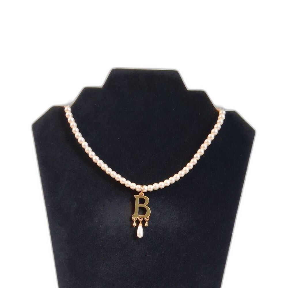 Champagne Faux Pearl Beaded Gold Toned Letter B Pendant Single Strand Necklace